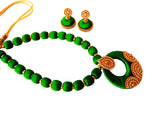 Youth Dark Green Silk Thread Necklace with Grand Pendant and Earrings