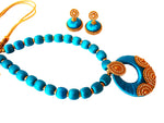 Youth Blue Silk Thread Necklace with Grand Pendant and Earrings