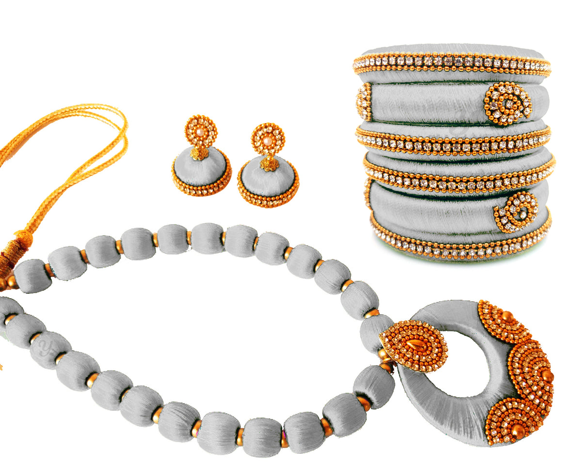 Youth White Silk Thread Necklace with Grand Pendant, Bangles and Earrings