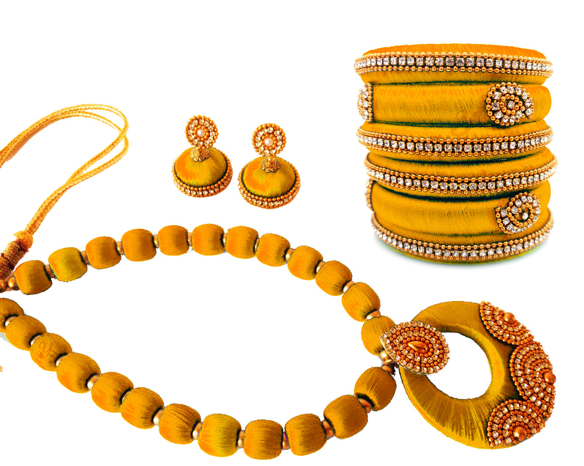 Youth Gold Silk Thread Necklace with Grand Pendant, Bangles and Earrings