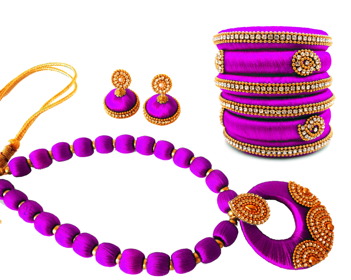 Youth Violet Silk Thread Necklace with Grand Pendant, Bangles and Earrings