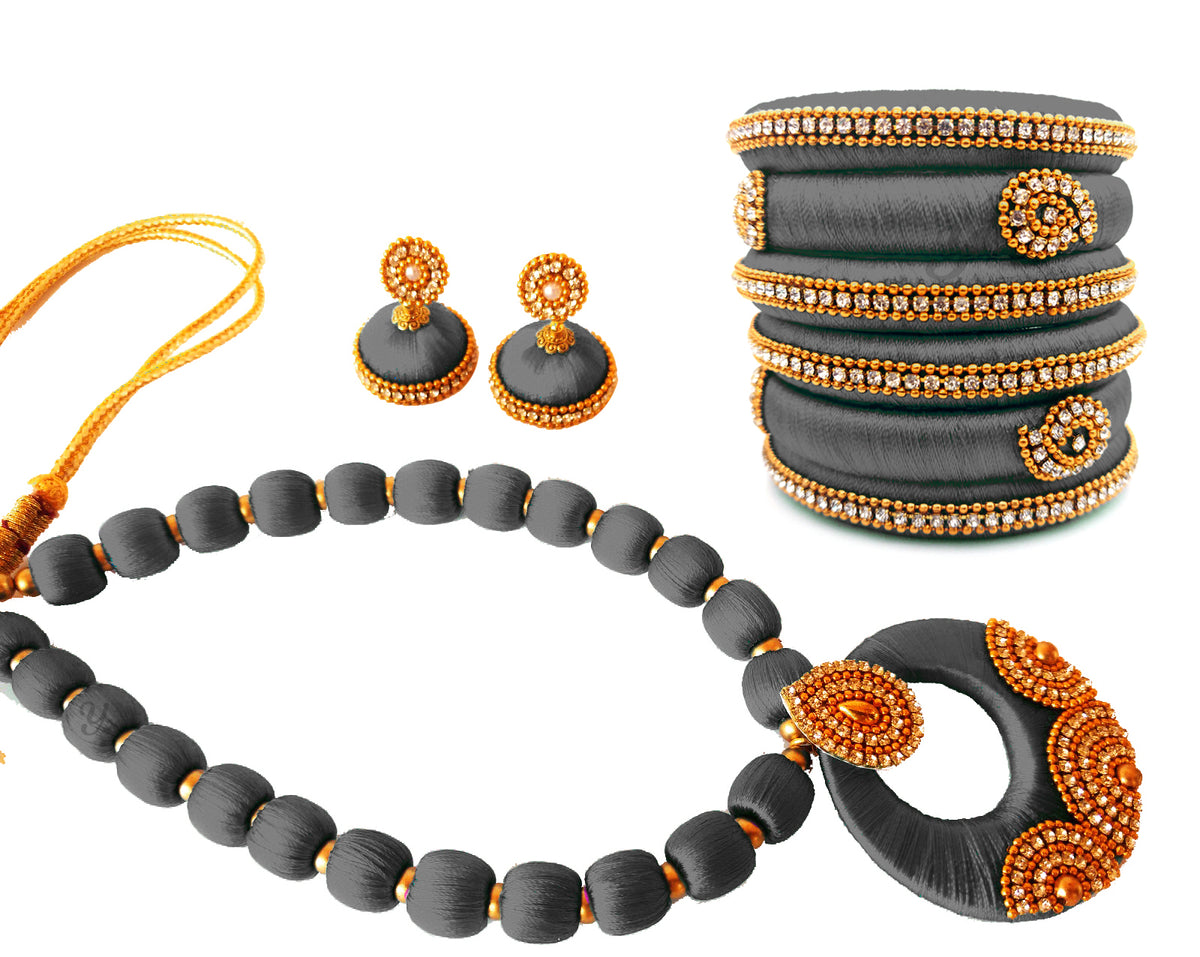 Youth Grey Silk Thread Necklace with Grand Pendant, Bangles and Earrings