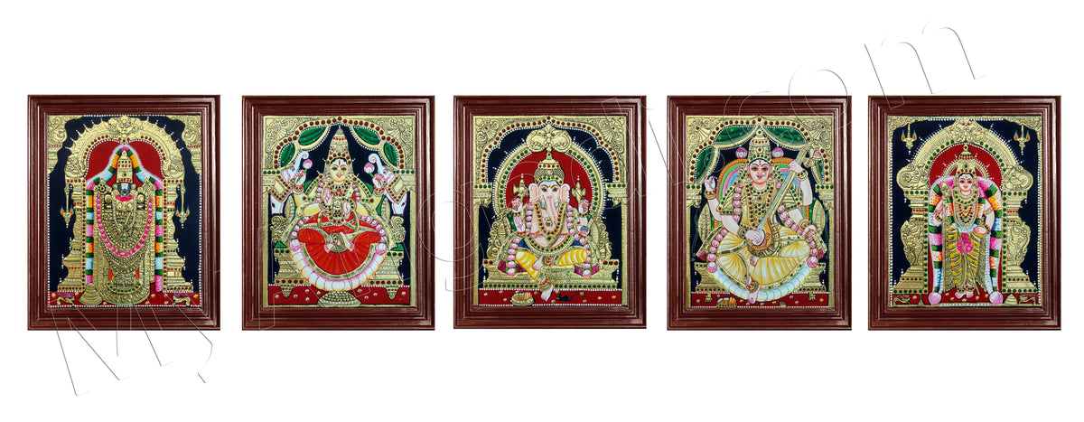 Ganesh, Lakshmi, Balaji, Saraswathi and Murugan Tanjore Painting Embedded with AD Stones - 12x10 inches