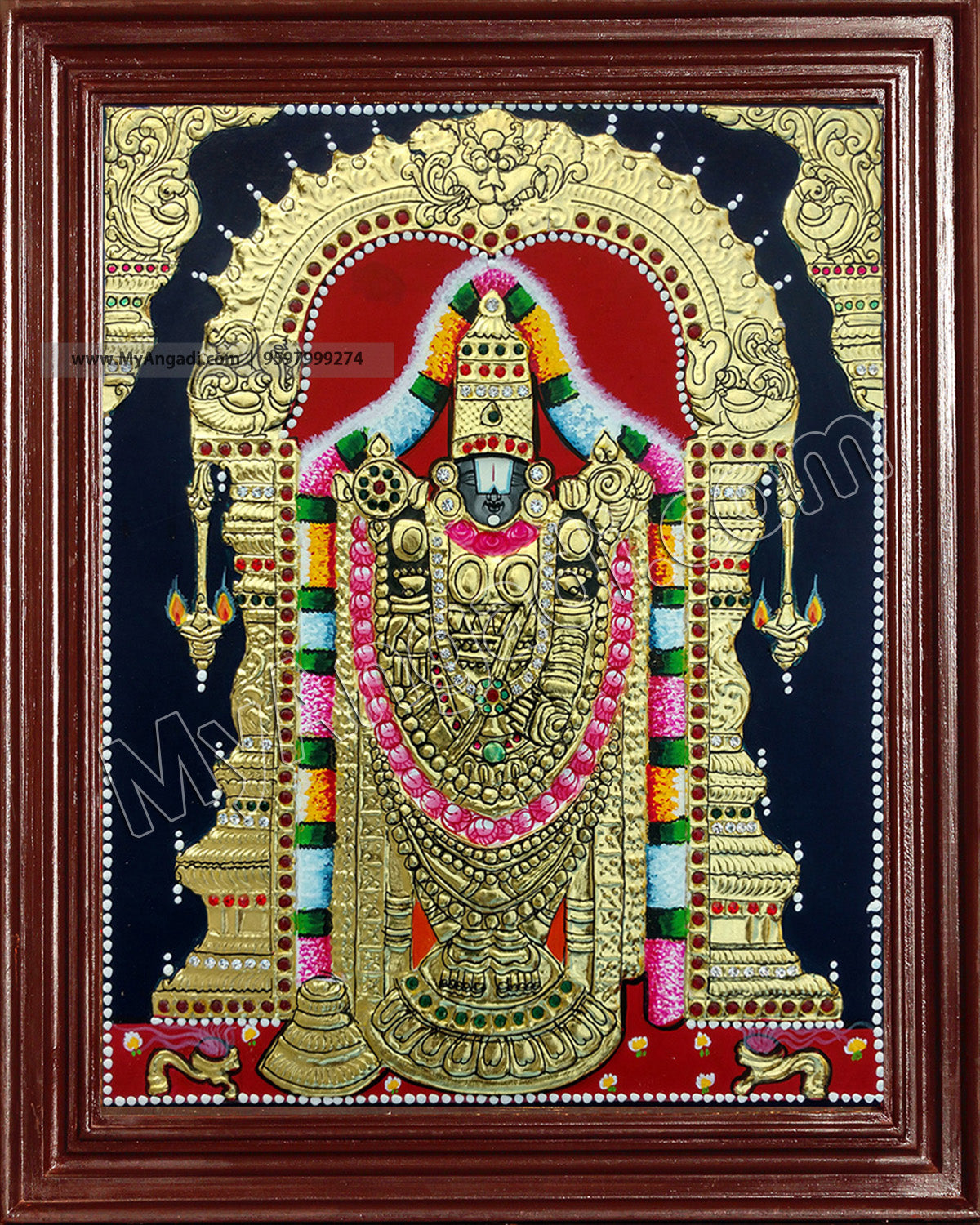 Ganesh, Lakshmi, Balaji, Saraswathi and Murugan Tanjore Painting Embedded with AD Stones - 12x10 inches