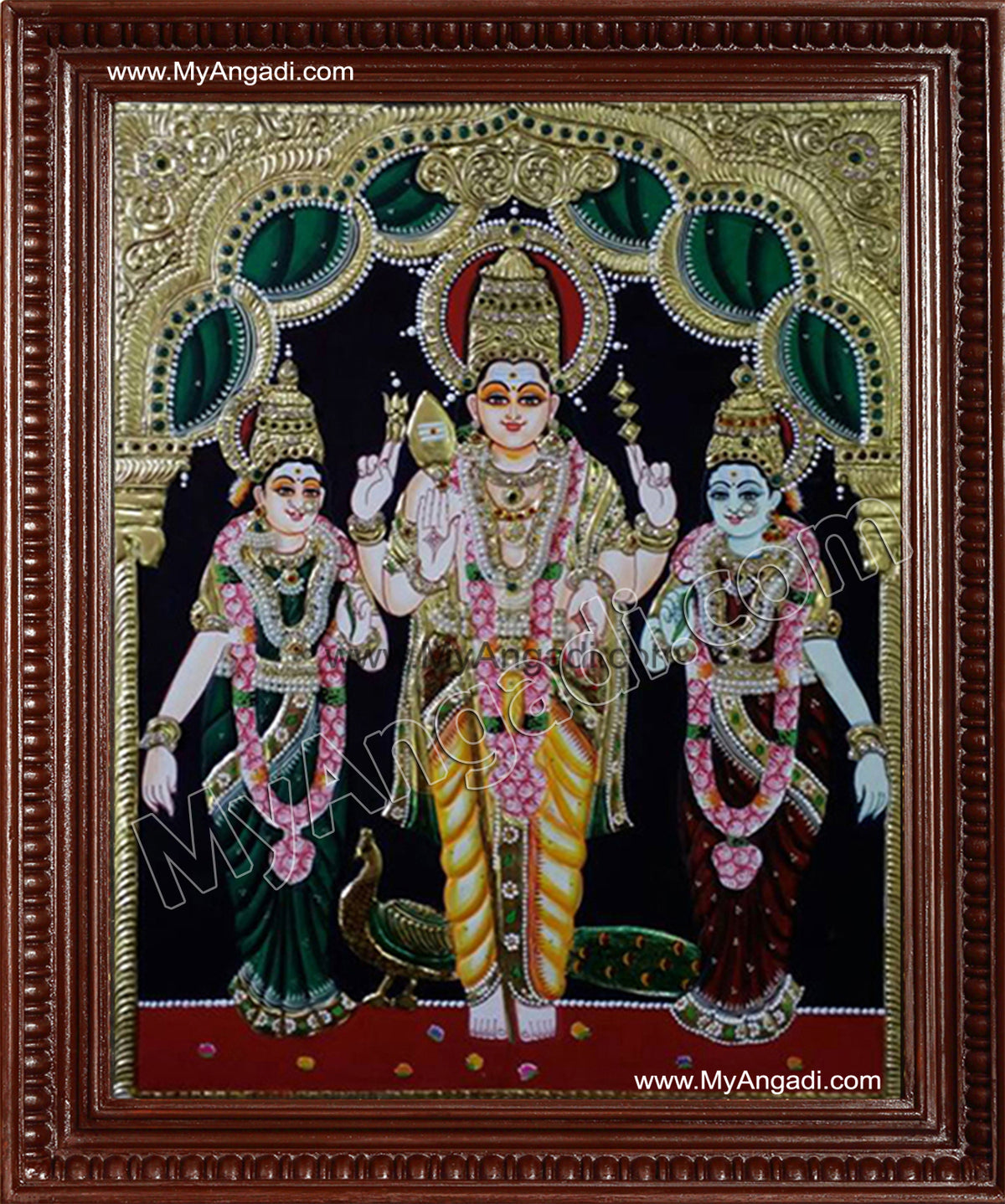 Murugan with Valli and Devasena Tanjore Painting