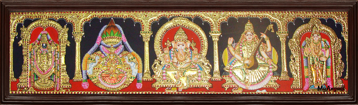 Balaji, Lakshmi, Ganesha, Saraswathi and Murugan - 5 Panel Tanjore Painting