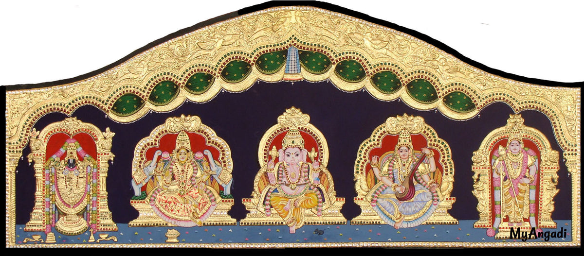 Balaji, Lakshmi, Ganesha, Saraswathi and Murugan - 5 Panel Tanjore Painting