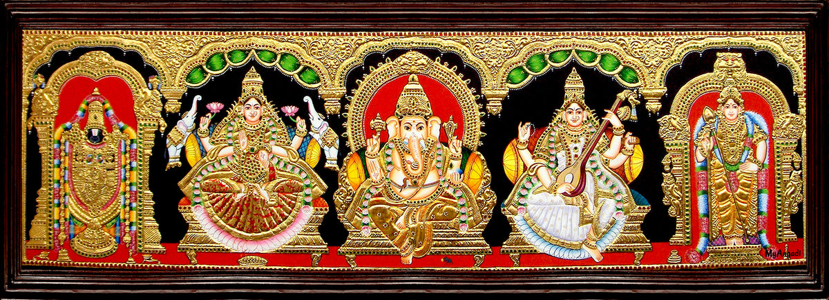 Balaji, Lakshmi, Ganesha, Saraswathi and Murugan - 5 Panel Tanjore Painting