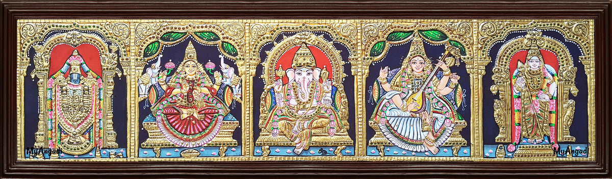 Balaji, Lakshmi, Ganesha, Saraswathi and Murugan - 5 Panel Tanjore Painting