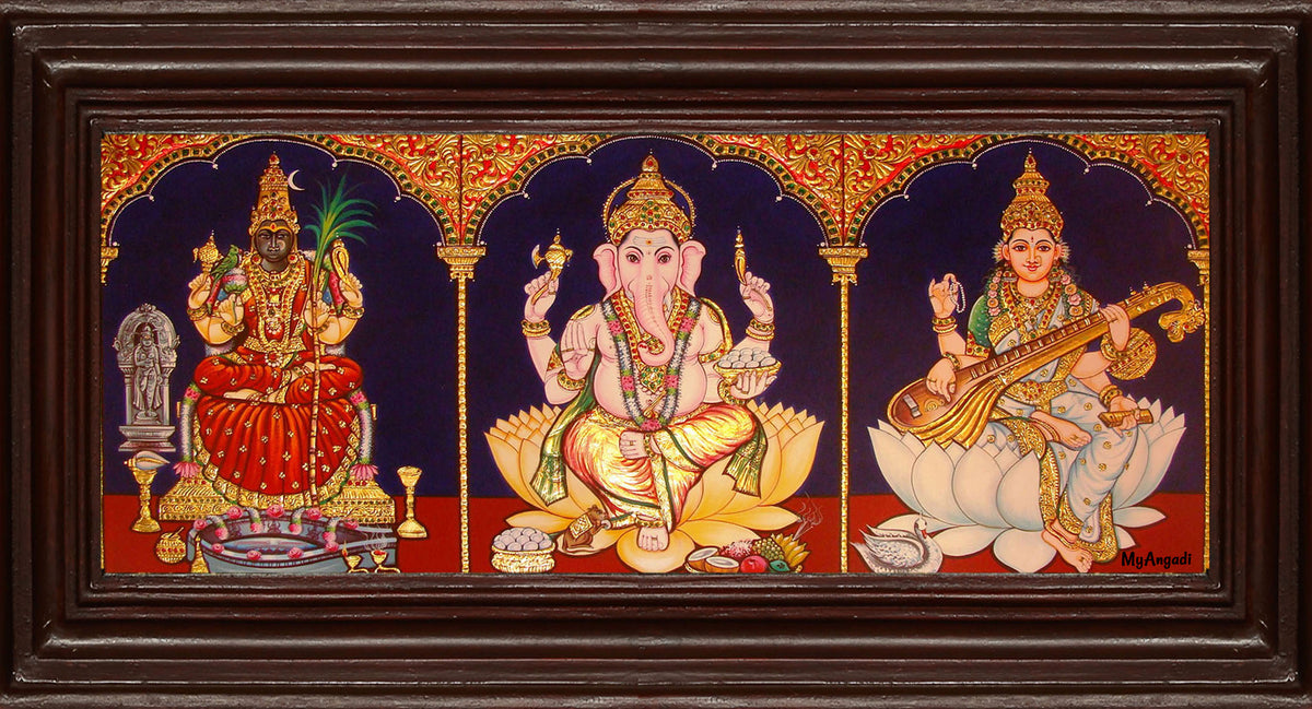 Kamatchi, Saraswathi, Ganesha - 3 Panel Tanjore Painting