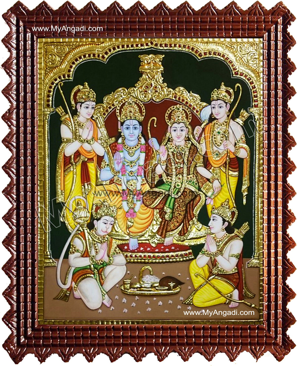 Ram Darbar - Ram with Sita, Hanuman, Lakshmanan Bharathan and Shatrughna Tanjore Painting