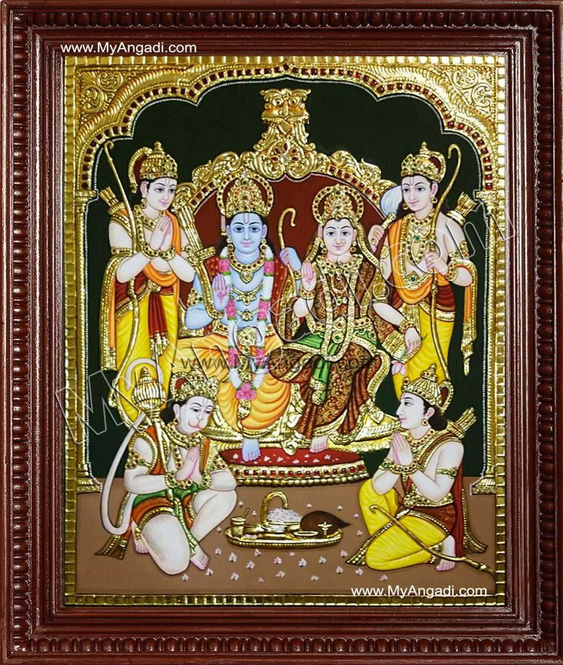 Ram Darbar - Ram with Sita, Hanuman, Lakshmanan Bharathan and Shatrughna Tanjore Painting