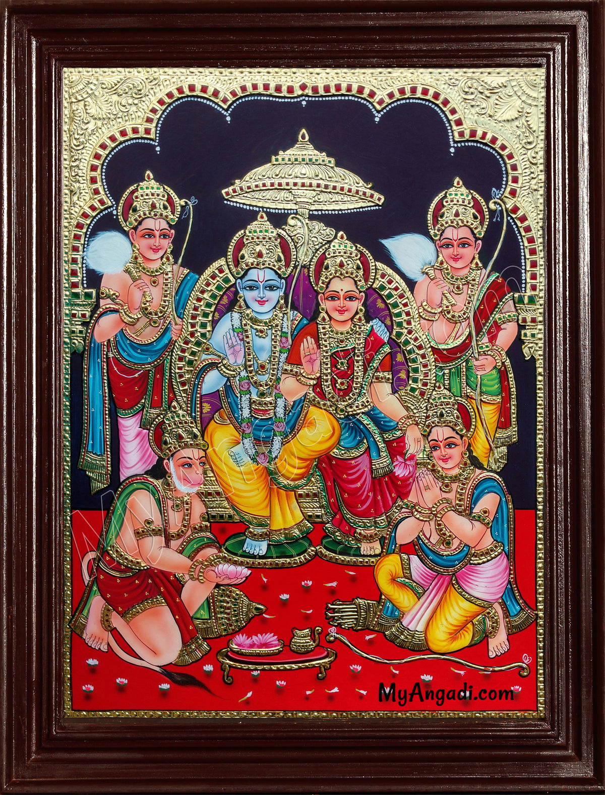 Ram Darbar - Ram with Sita, Hanuman, Lakshmanan Bharathan and Shatrughna Tanjore Painting