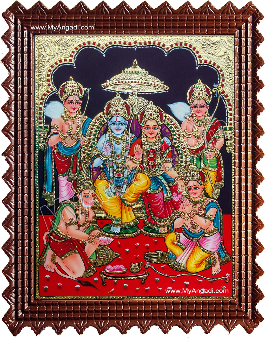 Ram Darbar - Ram with Sita, Hanuman, Lakshmanan Bharathan and Shatrughna Tanjore Painting