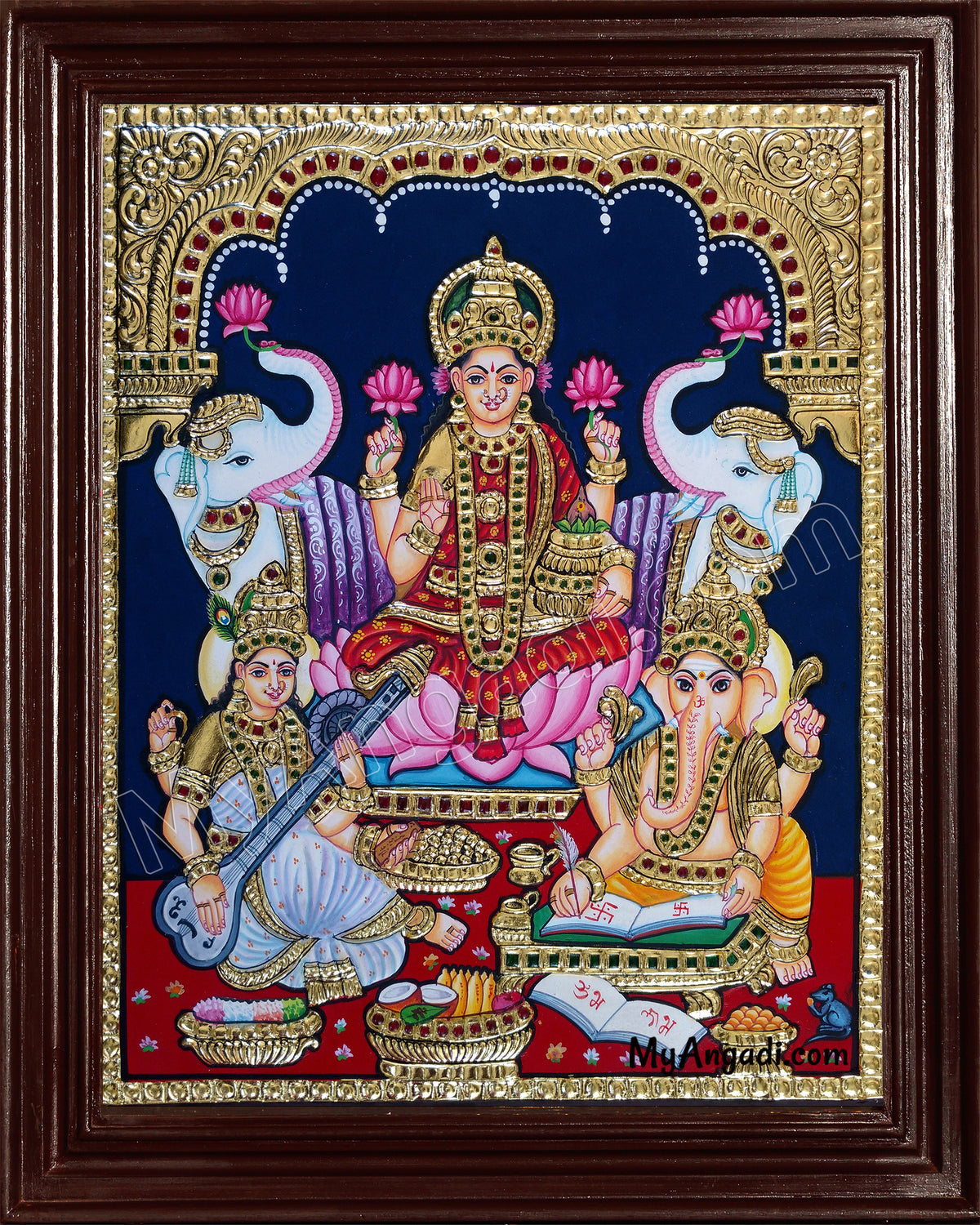 Lakshmi, Ganesha and Saraswathi Tanjore Painting