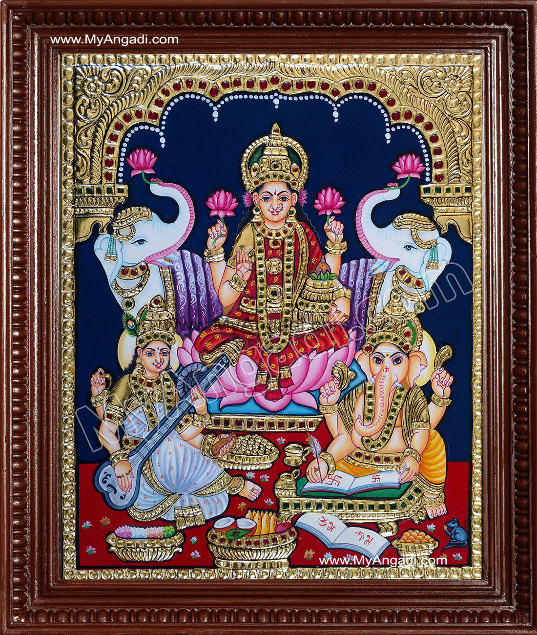 Lakshmi, Ganesha and Saraswathi Tanjore Painting