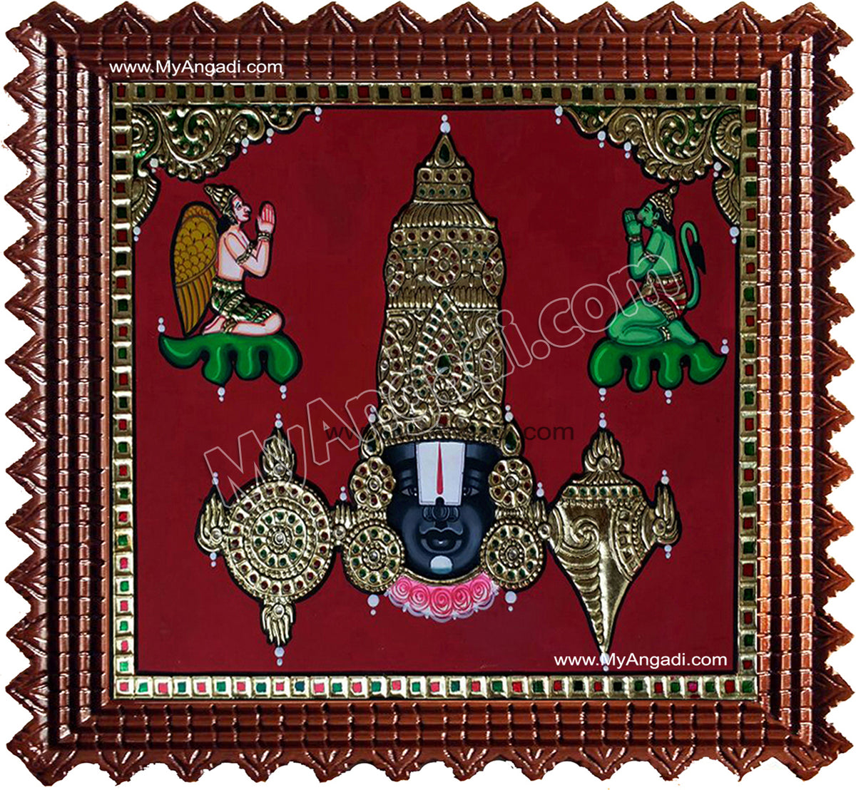 Balaji with Garudan and Hanuman Tanjore Painting