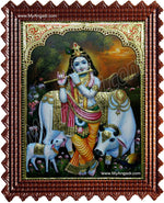 Krishna with Flute and Cow Tanjore Painting