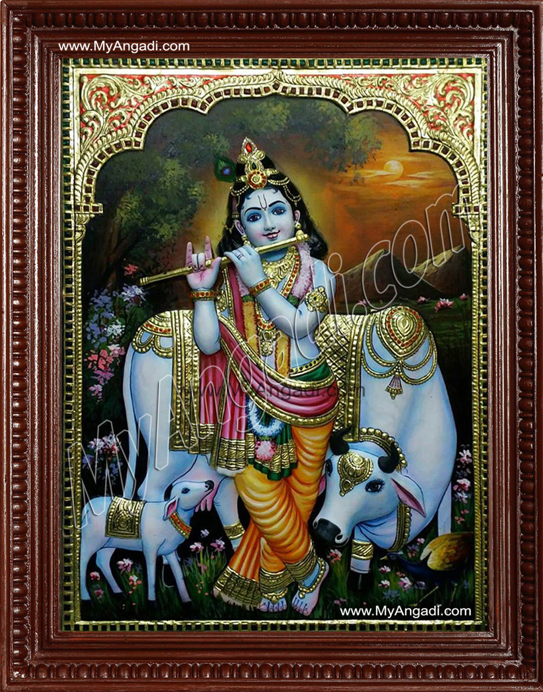 Krishna with Flute and Cow Tanjore Painting