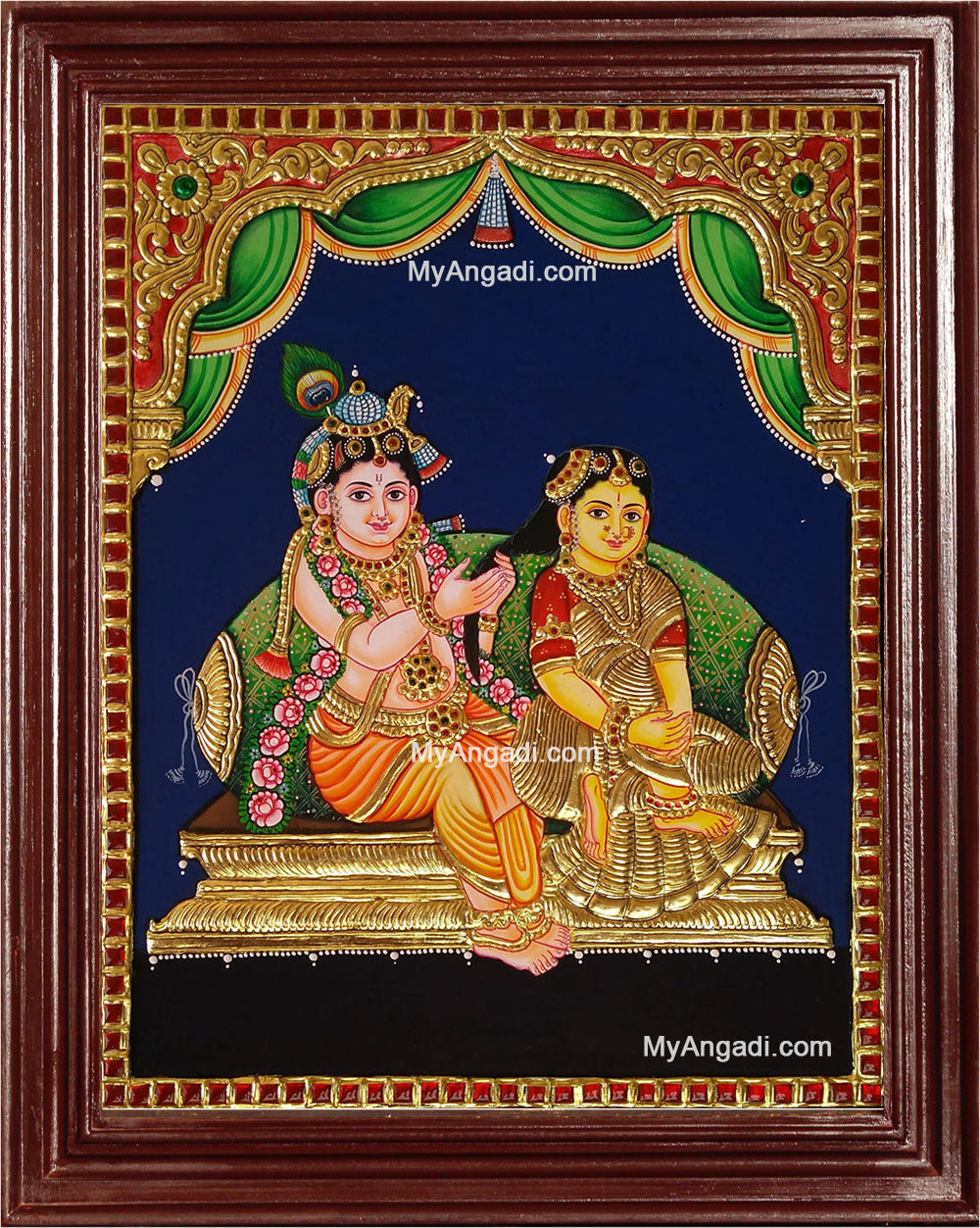 Krishna Combing Radha Hair Tanjore Painting