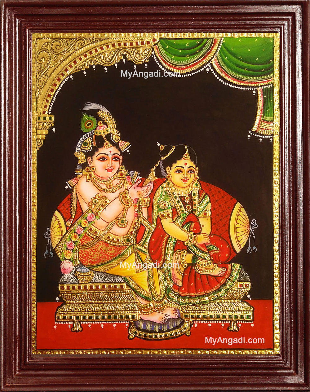 Krishna Combing Radha Hair Tanjore Painting