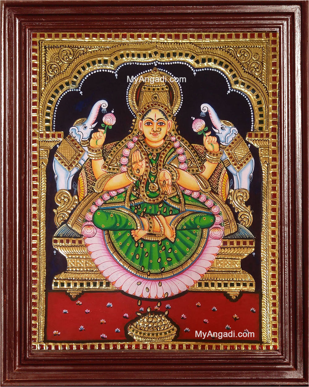 Gaja Laxmi in Green Saree Tanjore Painting