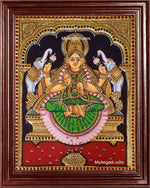 Gaja Laxmi in Green Saree Tanjore Painting