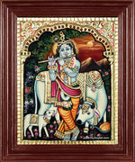 Cow Krishna With Flute Tanjore Painting