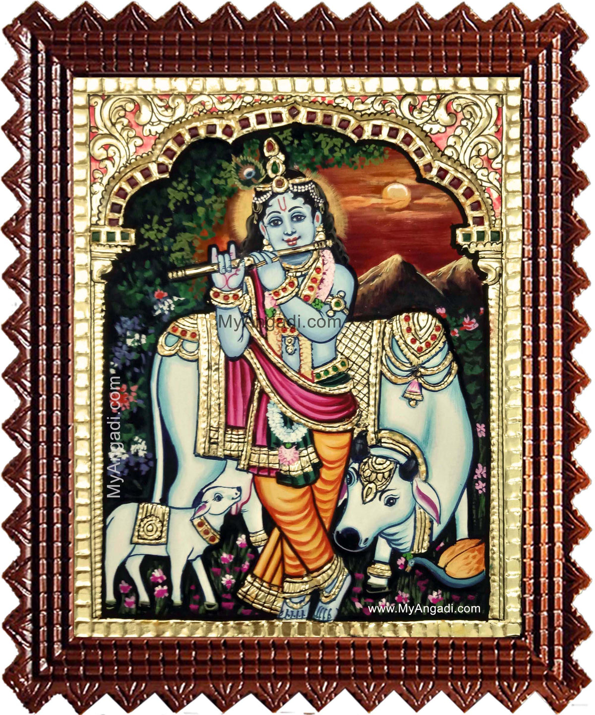 Cow Krishna With Flute Tanjore Painting