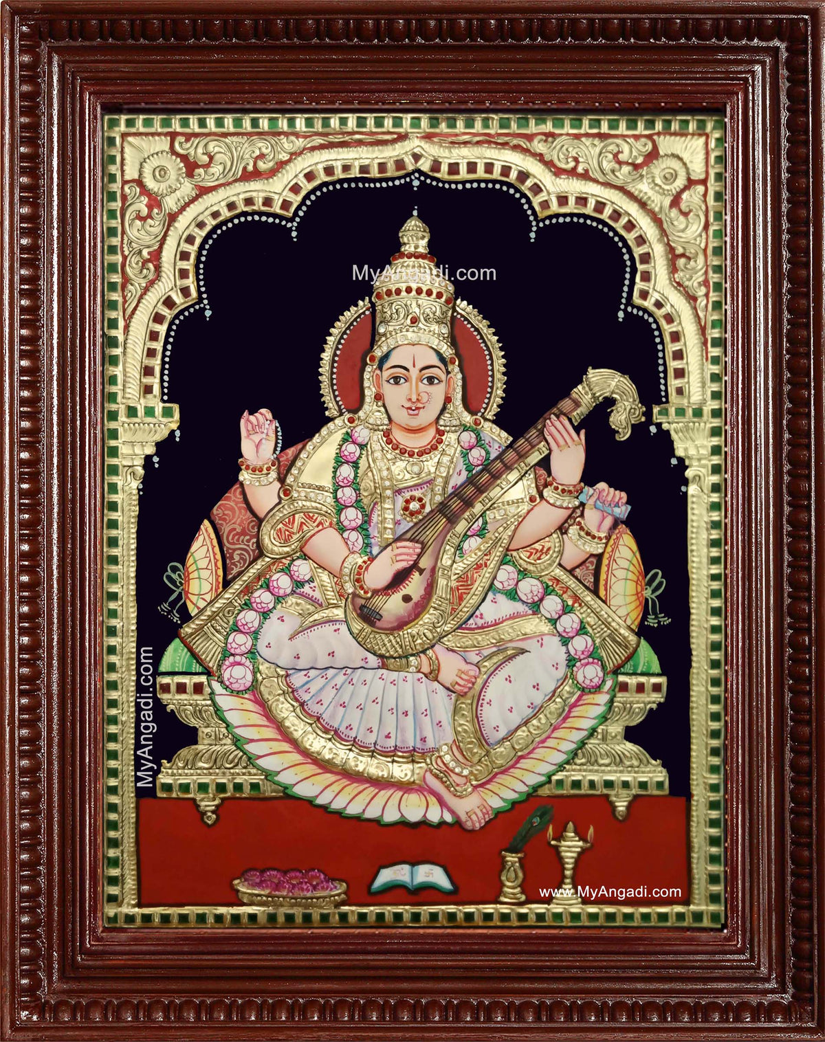Saraswathi Devi Semi Embossed Tanjore Painting