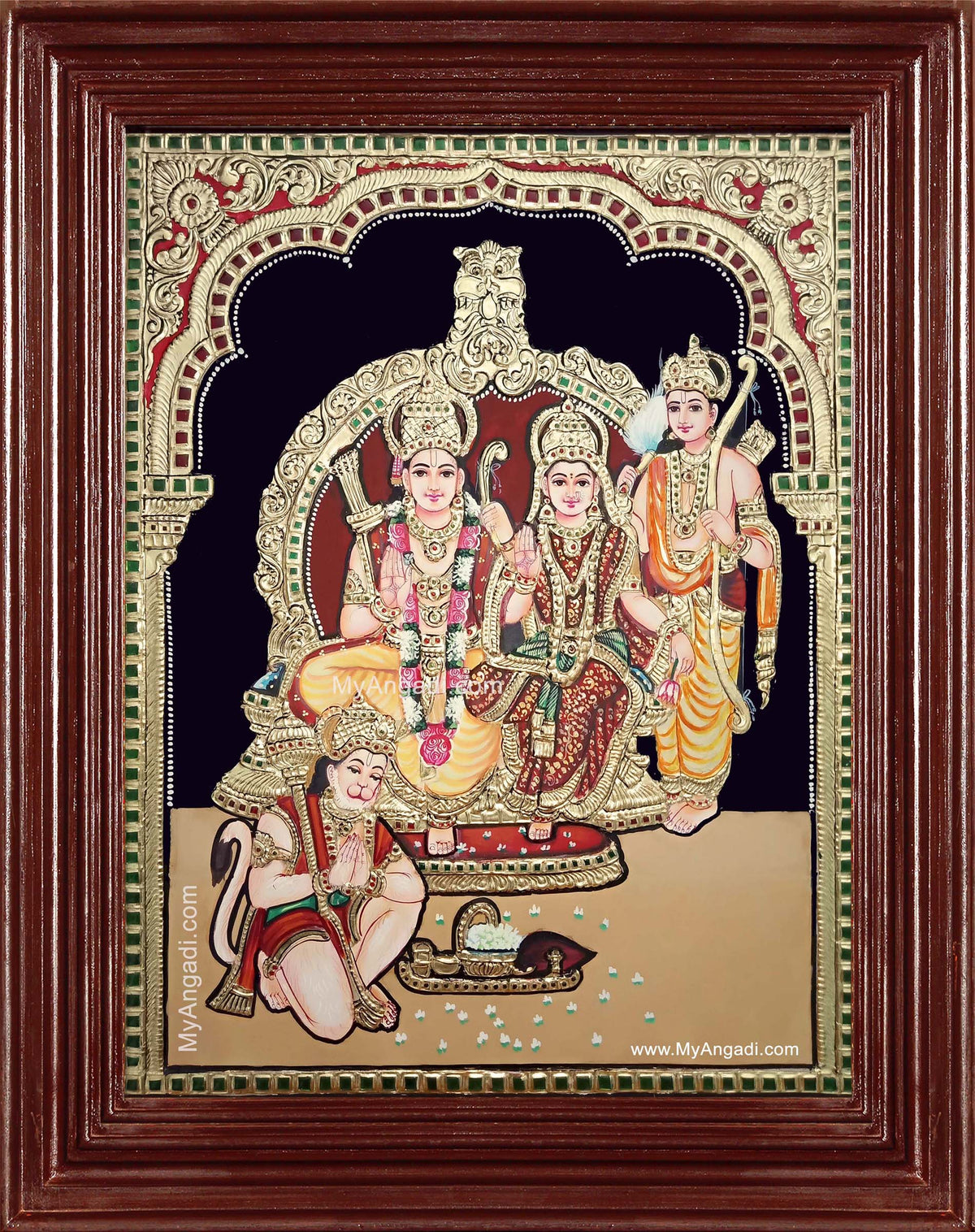 Shri Ramar Sita Devi Lakshmanan Hanuman Semi Embossed Tanjore Painting