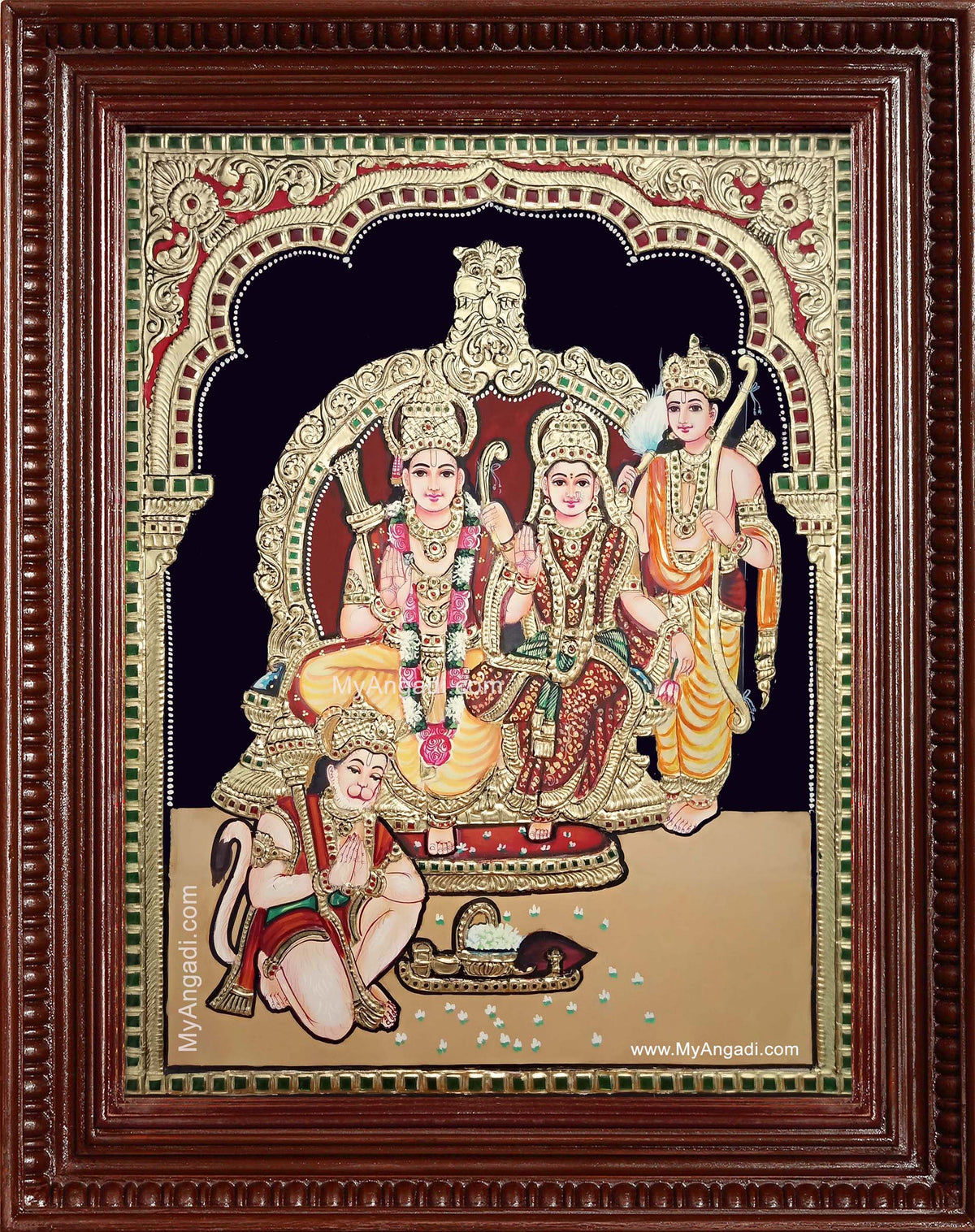 Shri Ramar Sita Devi Lakshmanan Hanuman Semi Embossed Tanjore Painting