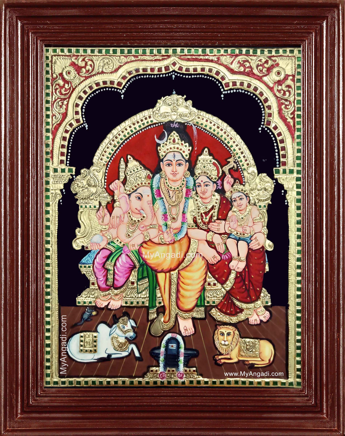 Lord Shiva Parvathi Ganesh Murugan Semi Embossed Tanjore Painting