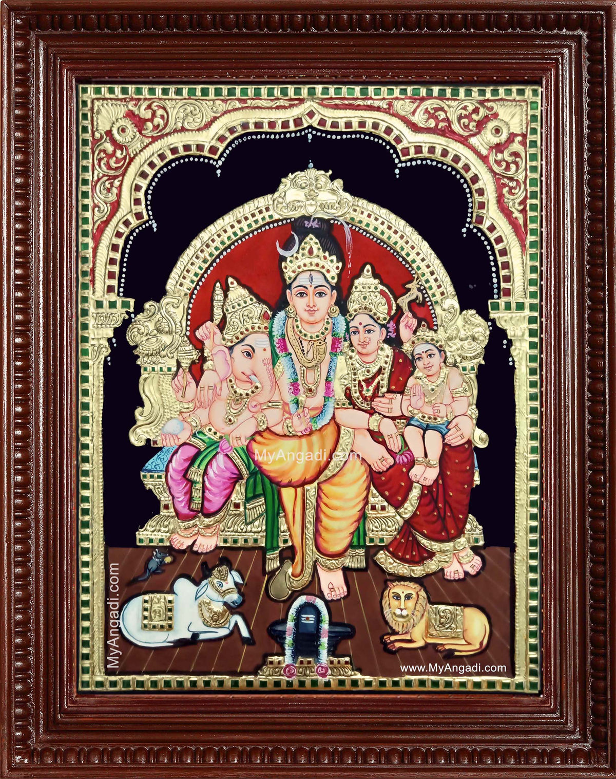 Lord Shiva Parvathi Ganesh Murugan Semi Embossed Tanjore Painting