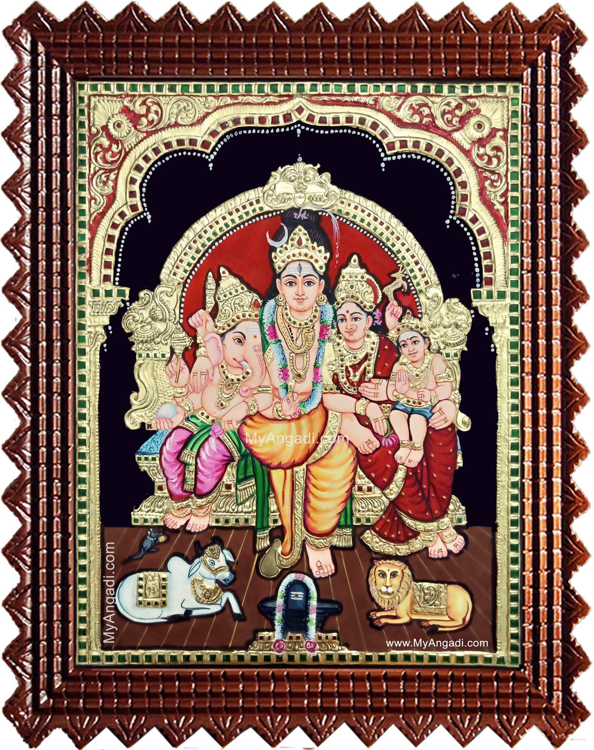 Lord Shiva Parvathi Ganesh Murugan Semi Embossed Tanjore Painting