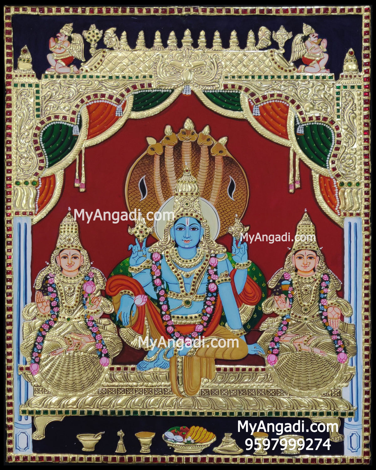 Vishnu Sri Devi Bhoo Devi Tanjore Painting