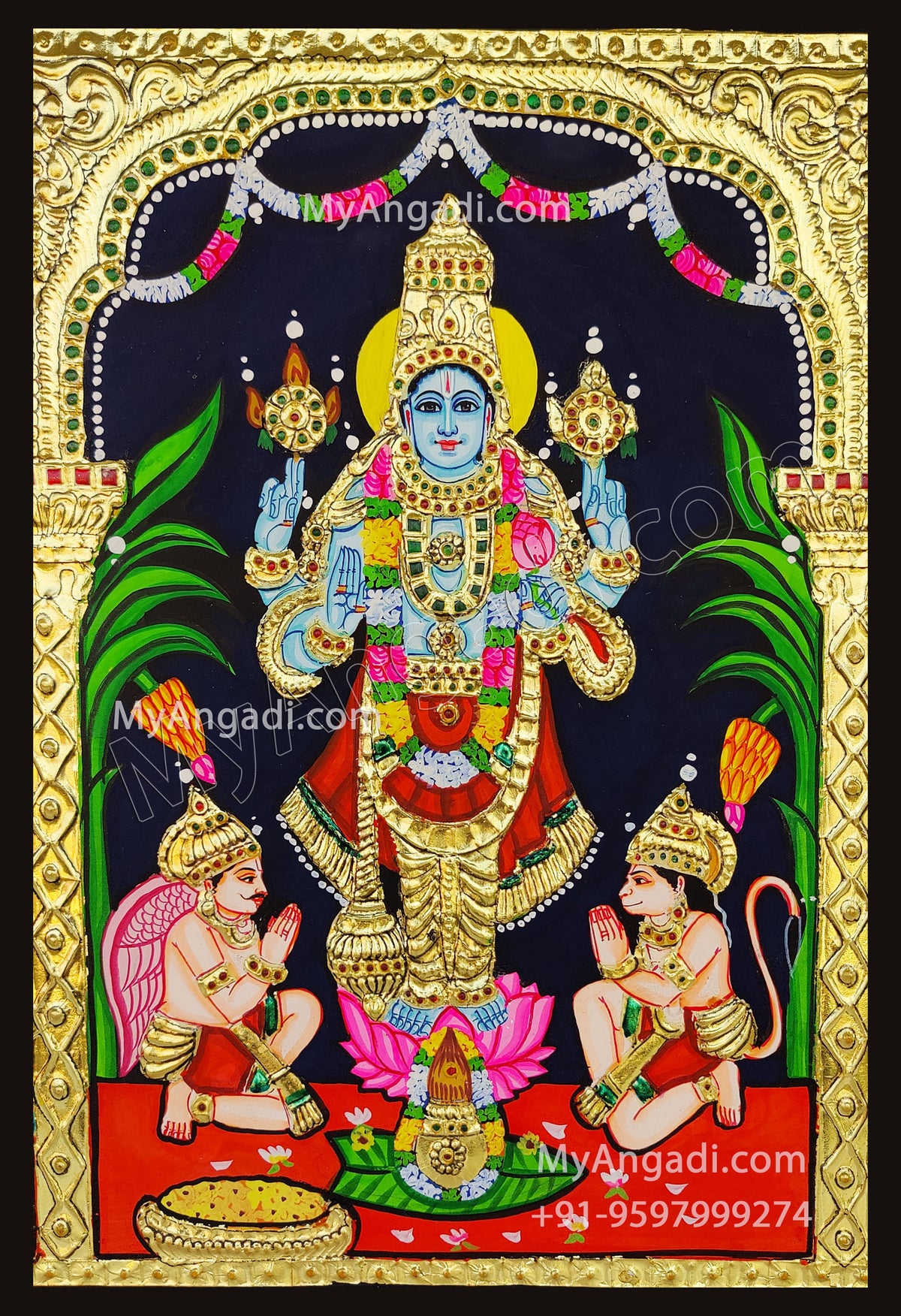 Perumal with Hanuman and Garudan Tanjore Painting