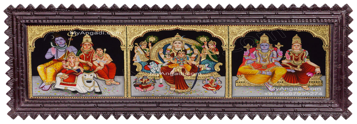 3 Panel Sivan Family, Raja Rajeshwari, Vishnu Lakshmi Tanjore Painting