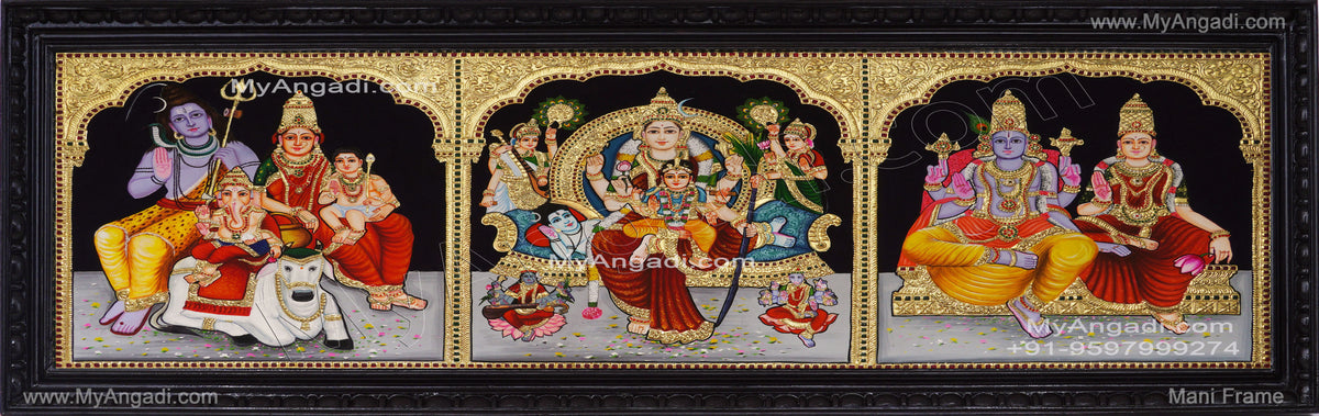 3 Panel Sivan Family, Raja Rajeshwari, Vishnu Lakshmi Tanjore Painting