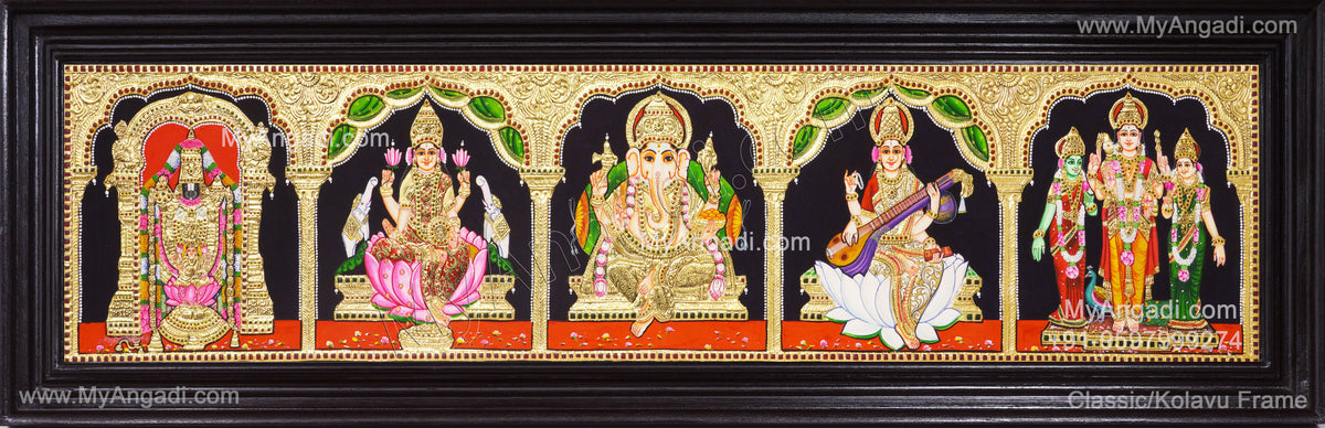 5 Panel Balaji Lakshmi Murugan Ganesha Saraswathi Tanjore Painting