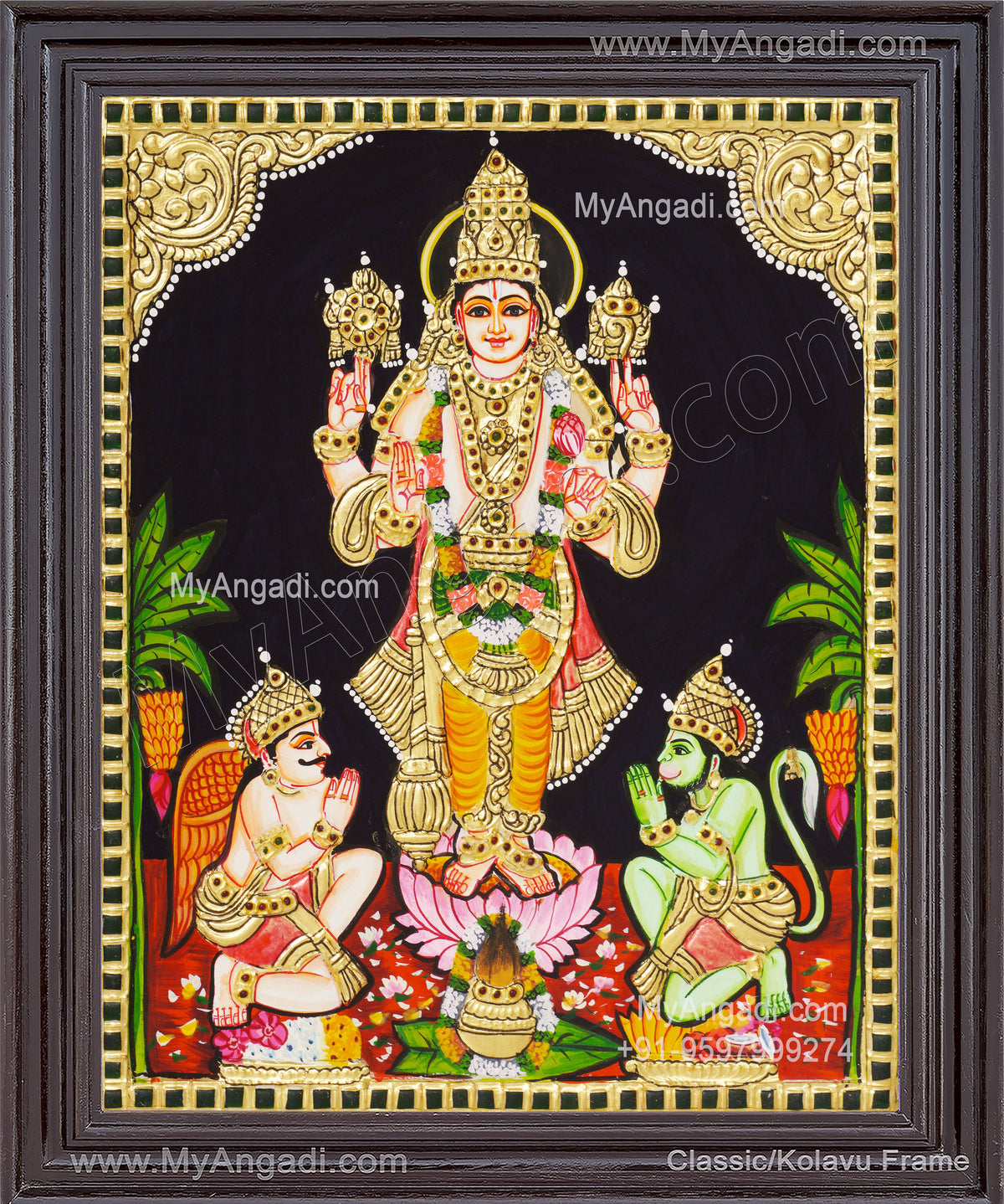 Vishnu With Garudan Hanuman Tanjore Painting