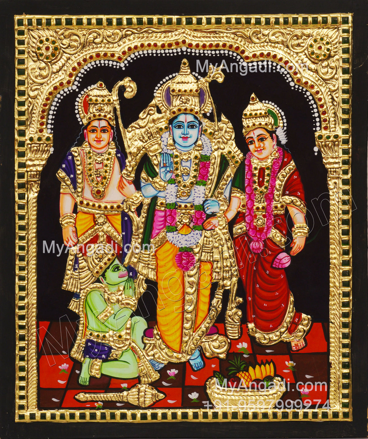 Ram Darbar - Ram with Sita, Hanuman, Lakshmanan Bharathan and Shatrughna Tanjore Painting