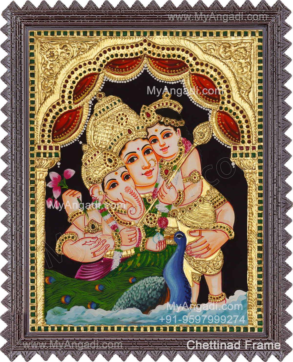 Parvathi Ganesha Murugan Tanjore Painting