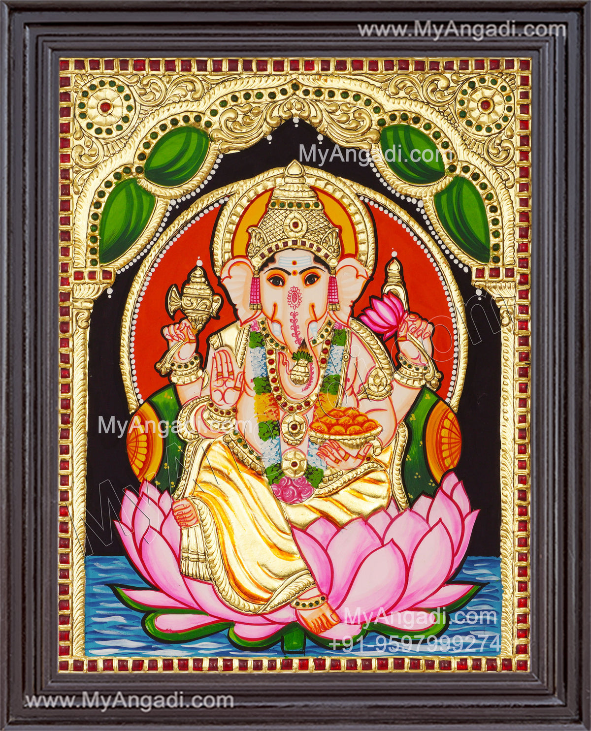 Ganesha On Lotus Tanjore Paintings