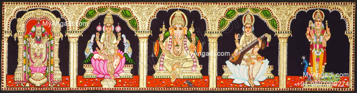 5 Panel Balaji Lakshmi Murugan Ganesha Saraswathi Tanjore Painting
