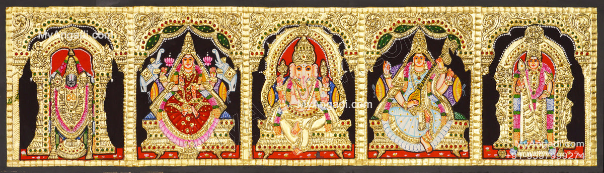 5 Panel Balaji Lakshmi Murugan Ganesha Saraswathi Tanjore Painting