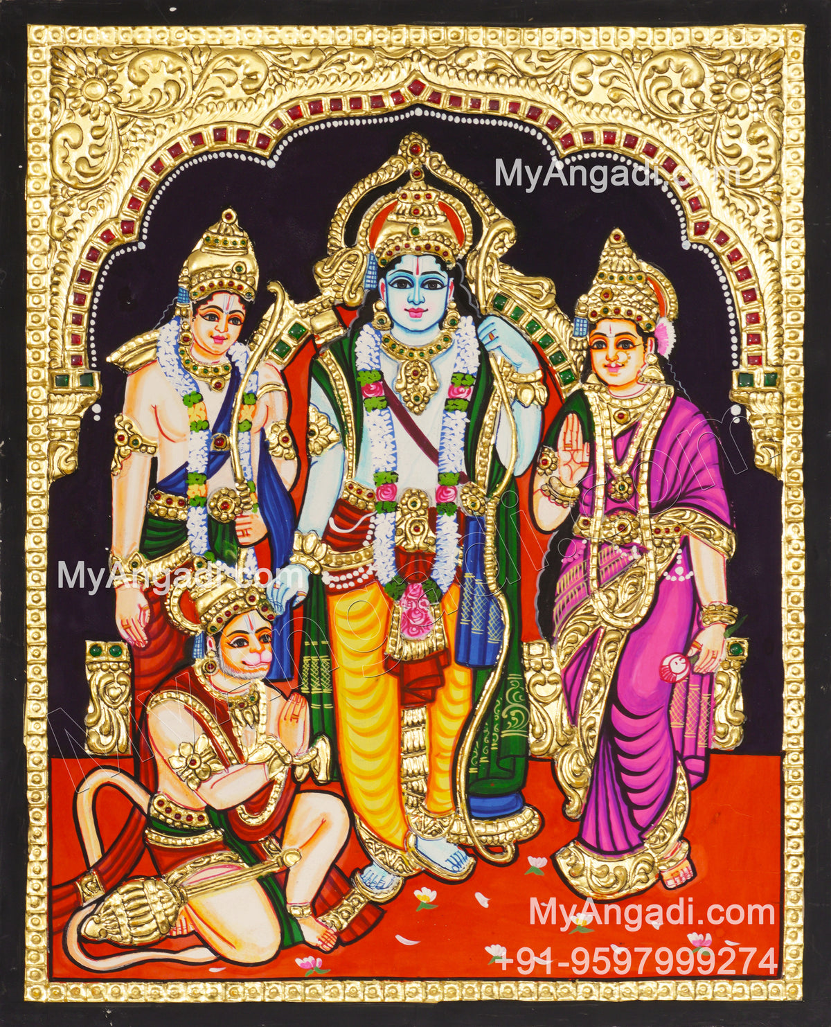 Ram Darbar - Ram with Sita, Hanuman, Lakshmanan Bharathan and Shatrughna Tanjore Painting