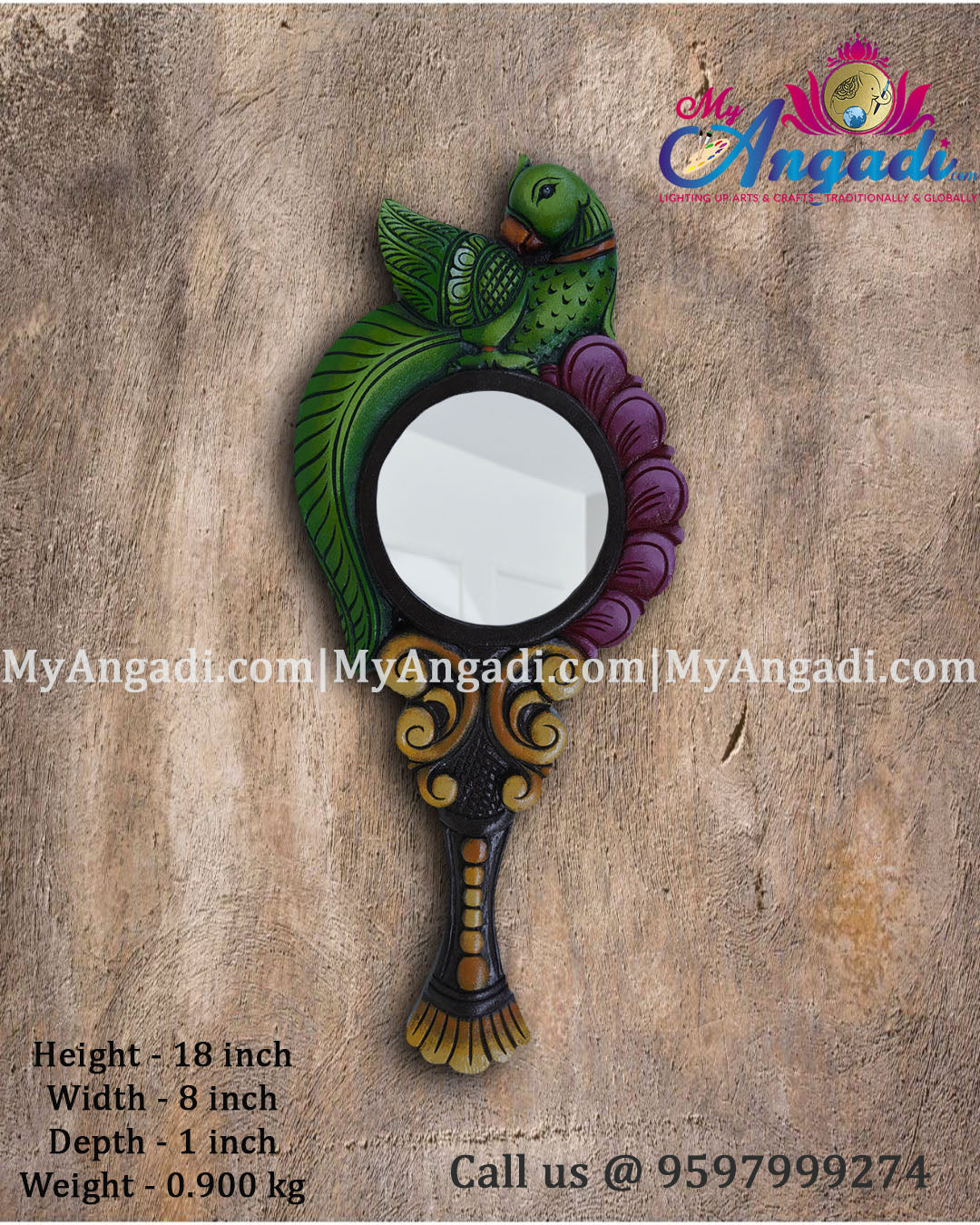 Vagai Wood Decorative Parrot Wall Decor Mirror/Hand Mirror