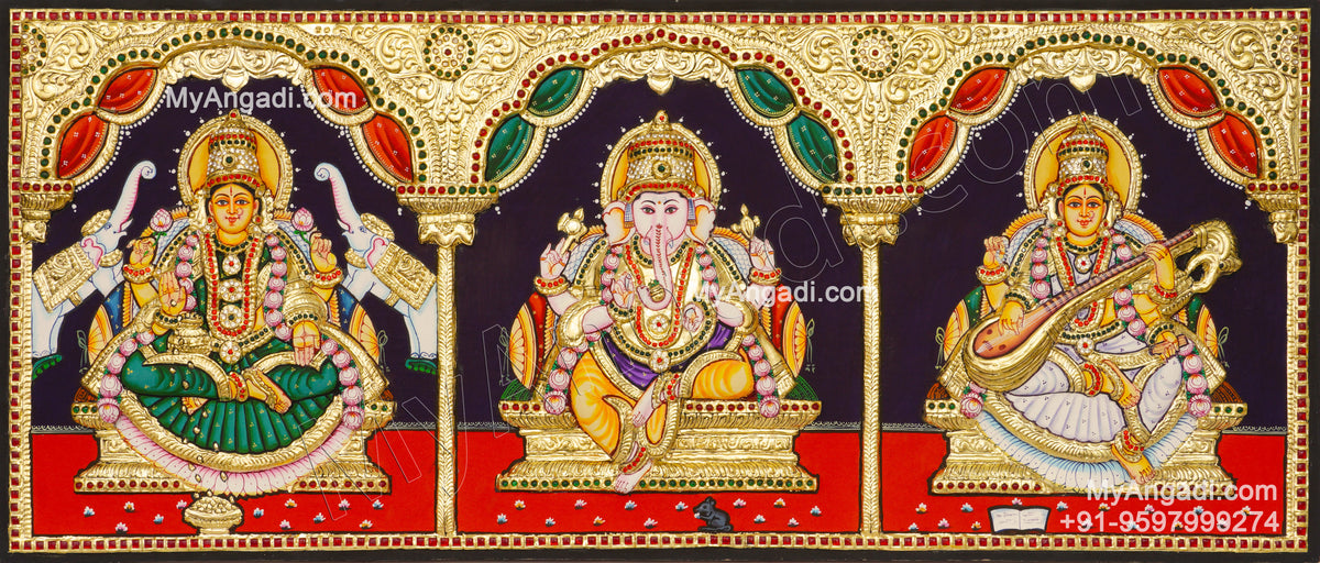 3 Panel Ganesha Lakshmi Saraswathi Tanjore Painting