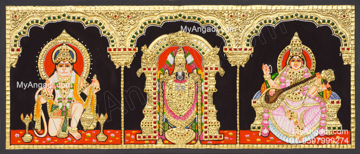 3 Panel Hanuman BalajiSaraswathi Tanjore Painting